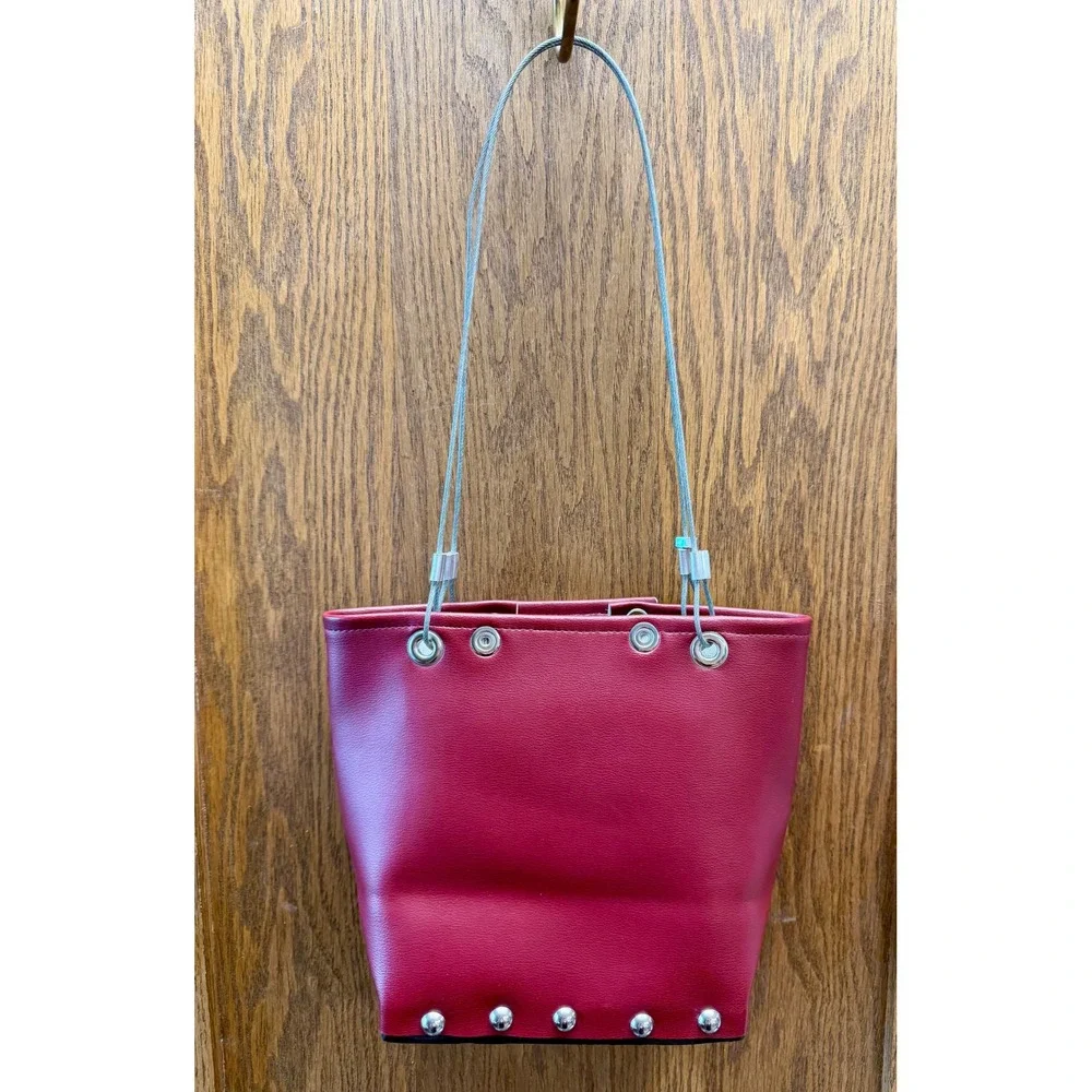 Hardwear by Renee Red Vegan Leather Studded Bucket Bag with Wire Cable Straps